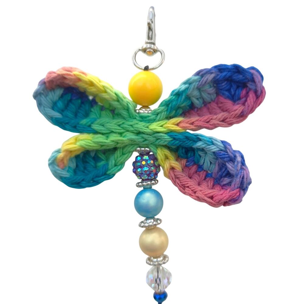 Handmade Dragonfly Beaded Bag Charm Crochet Wings Colorful Purse Keychain NEW